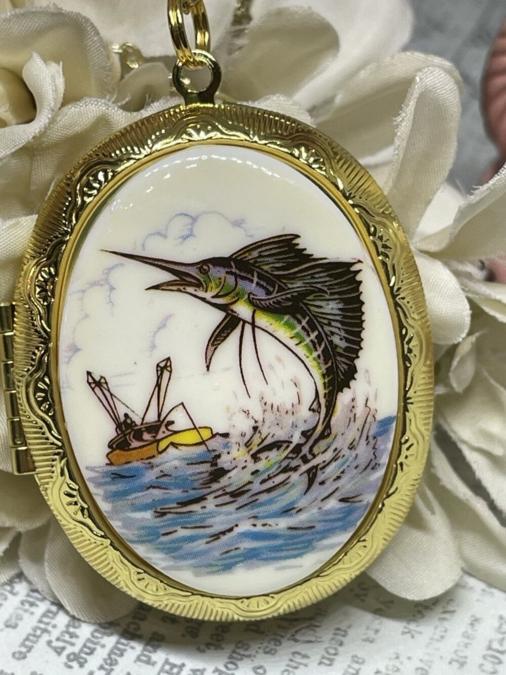 GOLD Locket Necklace Beach Marlin Swordfish Sea Wedding Photo Jewelry Birthday - Picture 5 of 10